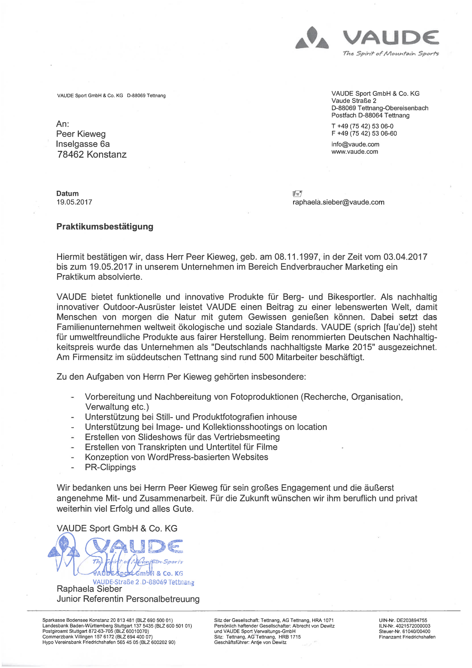 Praktikumszeugnis Vaude