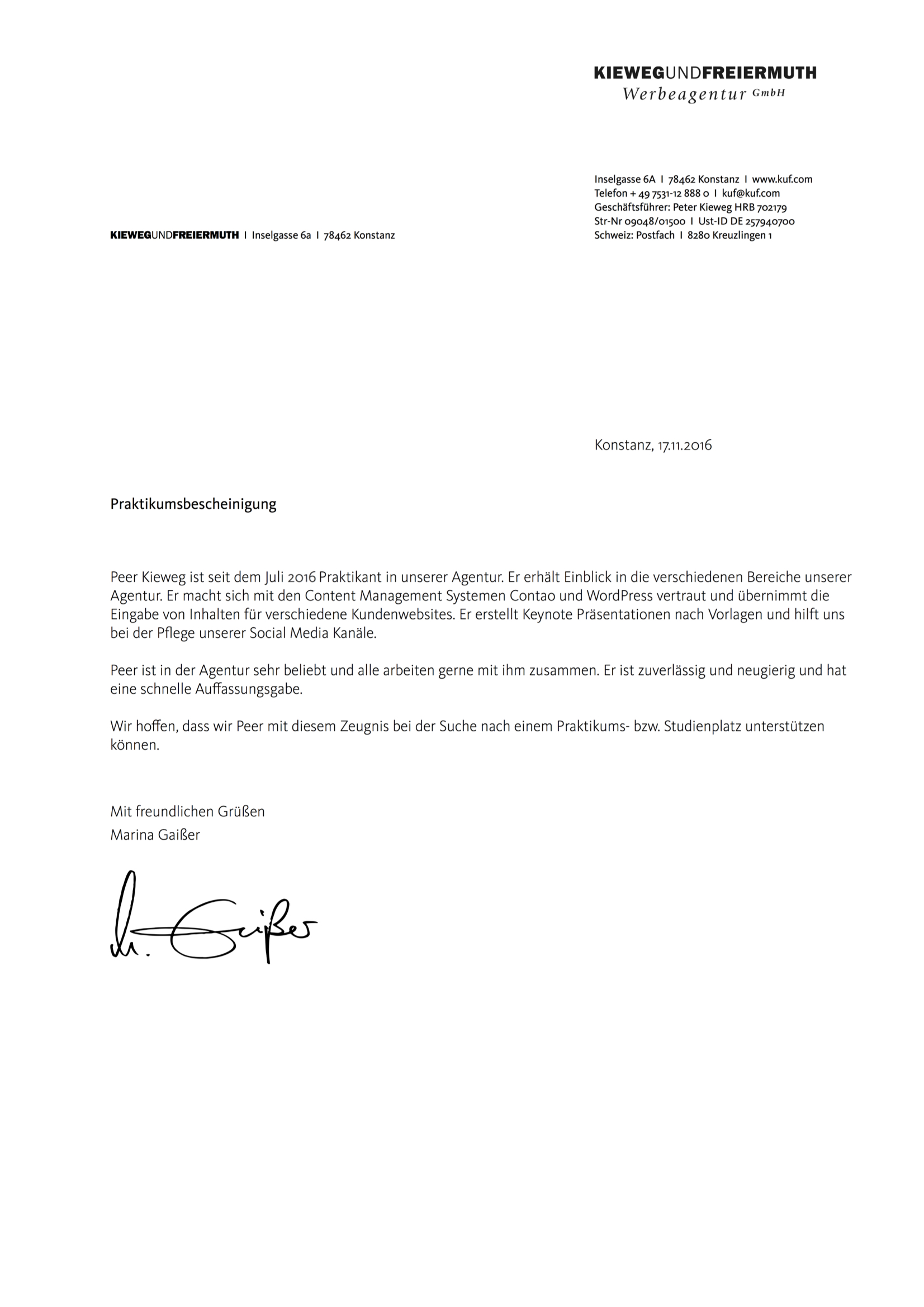 Praktikumszeugnis KuF