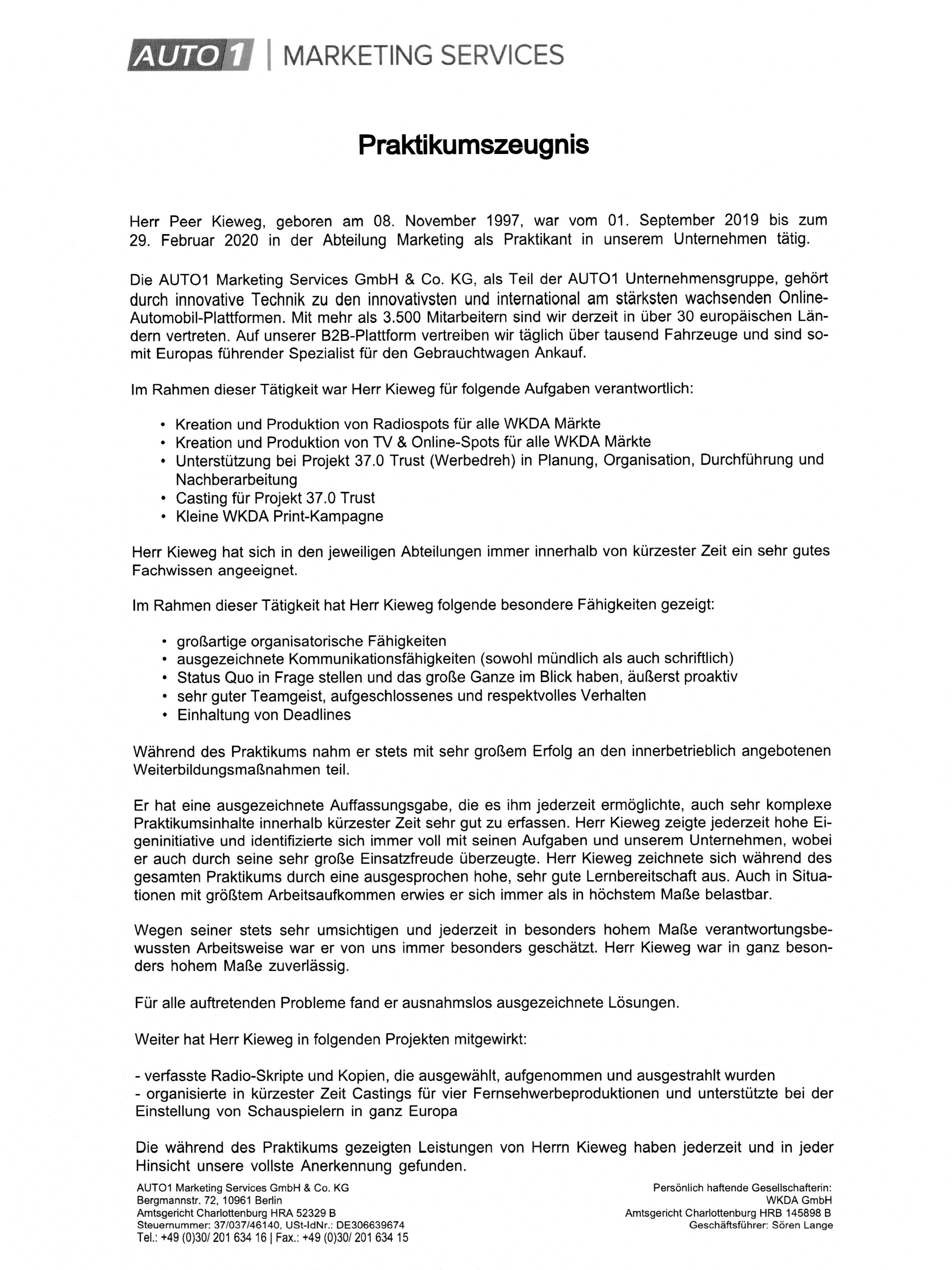 Praktikumszeugnis Auto1 Group