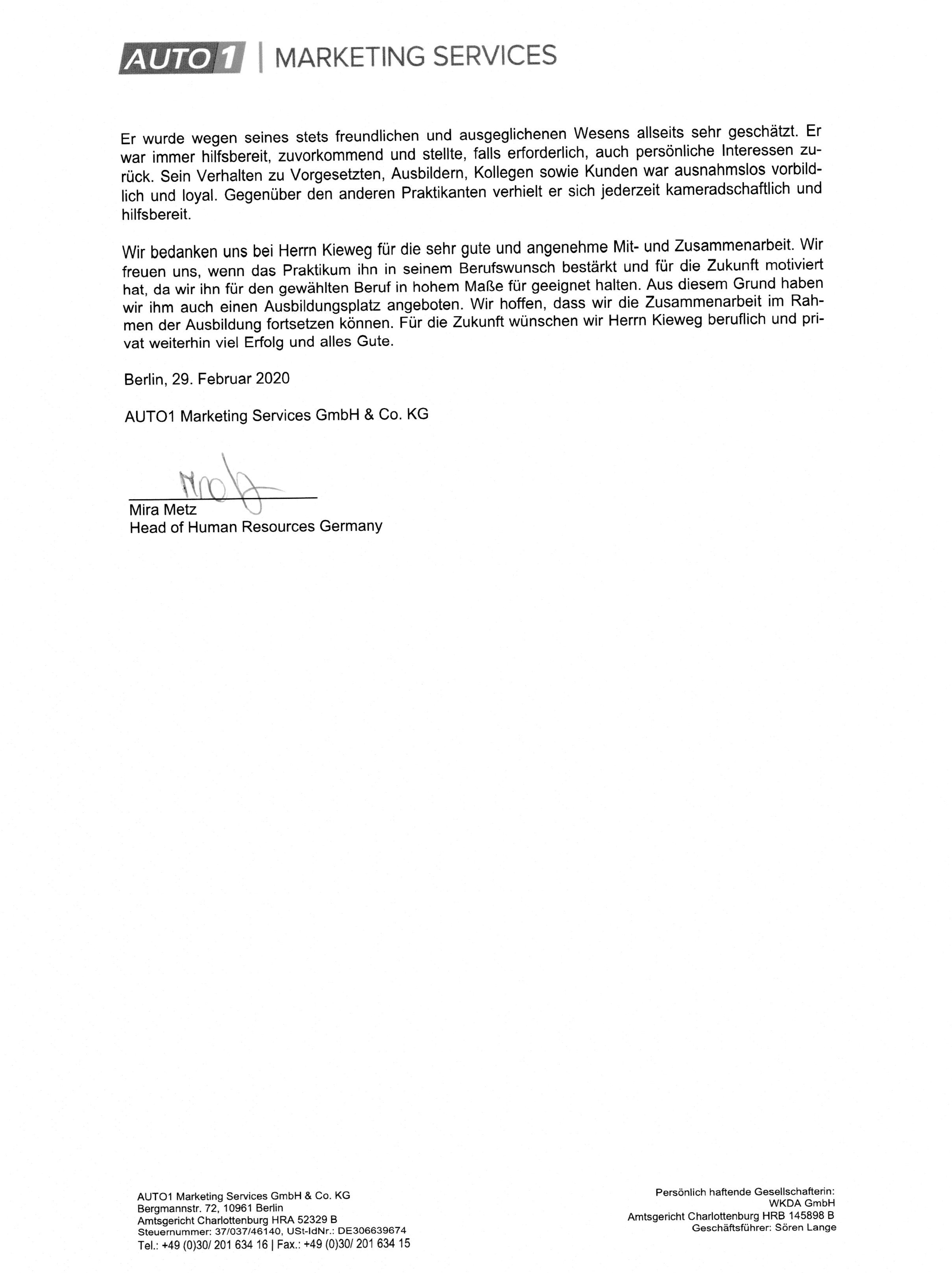 Praktikumszeugnis Auto1 Group