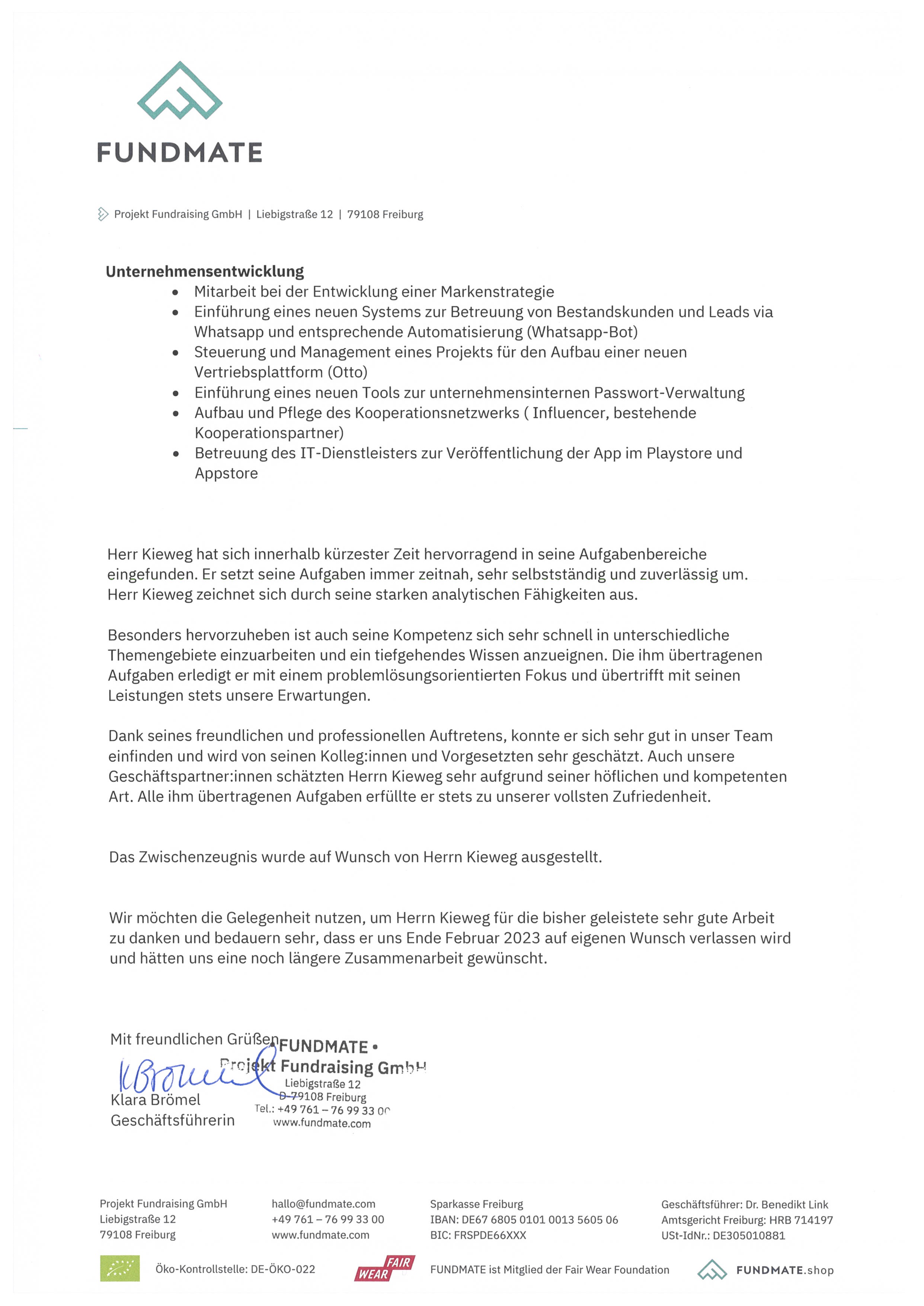 Zwischenzeugnis Fundmate